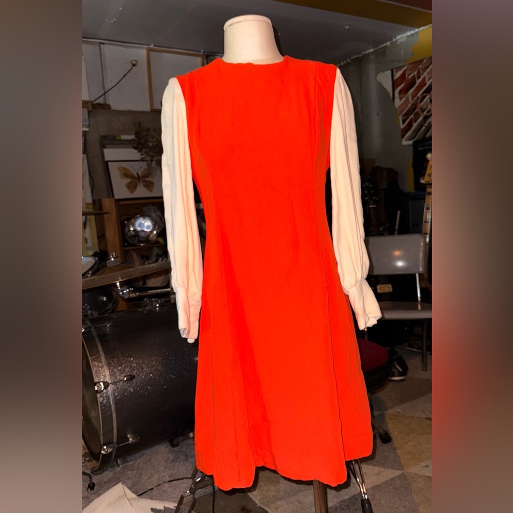 Vintage 1970’s Vibrant Orange Dress with White Sleeves